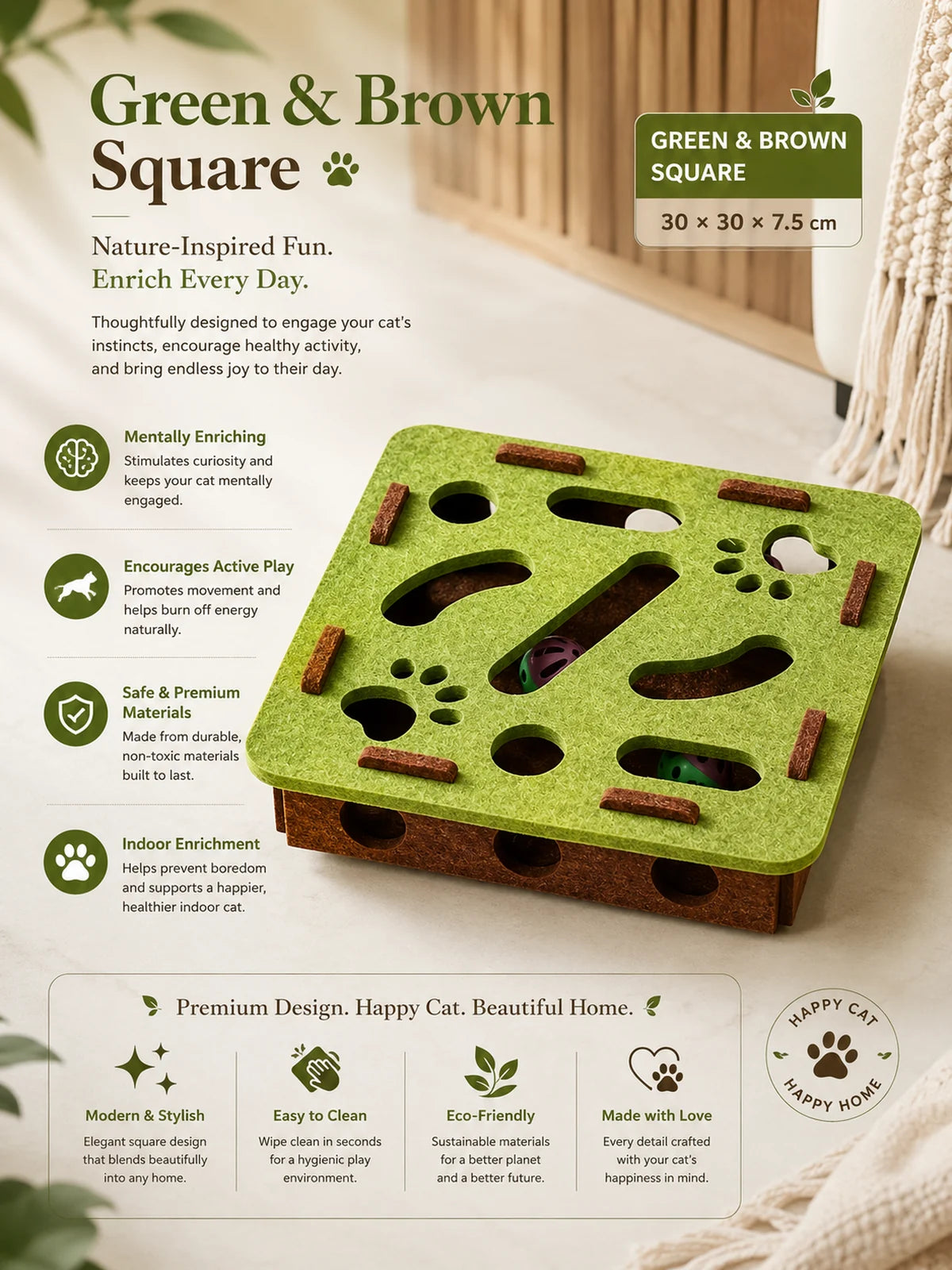 Green and brown square PawPuzzle interactive cat toy with rolling balls