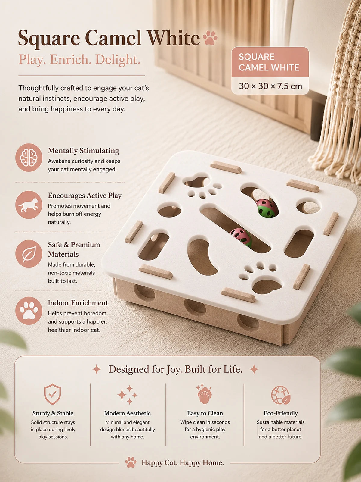 Camel and white square PawPuzzle puzzle toy for indoor cats