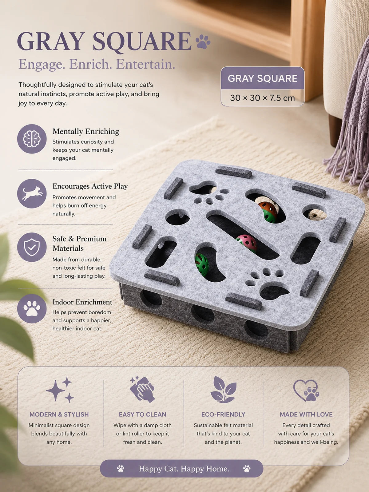 Gray square PawPuzzle interactive enrichment toy for indoor cats